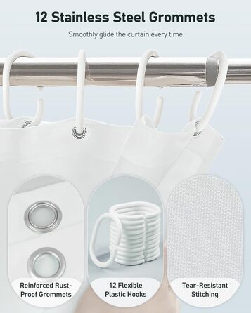 Шторка для душу Uniclife, біла, 180x180 см, тканинна, водонепроникна, з 12 міцними люверсами та обтяженим низом для ванни