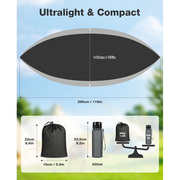 Гамак дорожній Camping 295x140 см, вантажність 350 кг, з карабінами та ременями, чорно-сірий