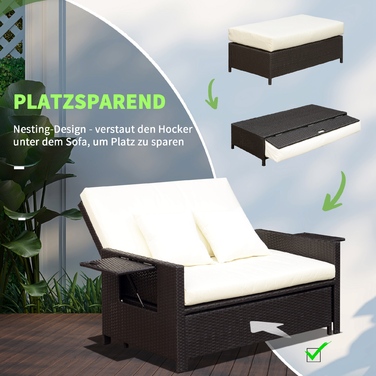 Крісло-софа Outsunny з ротангу Polyrattan, 2-місні, з подушками та пуфом, коричневого кольору, ідеально підходить для саду та тераси