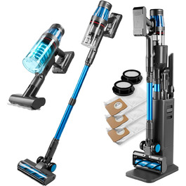 CLEANmaxx AeroTec 500: Бездротовий акумуляторний пилосос з авто-порожненням | Ручний, smart, HEPA-фільтр, 34 kPa, 60 хв роботи, насадка від кліщів, сірий/блакитний металік