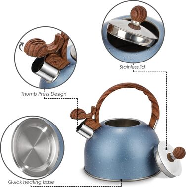 Чайник з свистком 2.5L з нержавіючої сталі для всіх плит, включаючи індукцію, з автоматичним кип'ятінням та дерев'яною ручкою (блакитний)