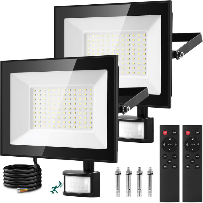 Viugreum 2Pack LED Flood Lights Outdoor with Motion Sensor 15000LM Outdoor Light Cold White Spotlight with Remote Control Floodlight Outdoor Spotlight IP67 Waterproof Floodlight with 2 Screws for Garden (100w, 2PCS)