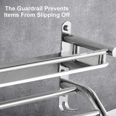 Тримач для рушників з полицею та гачками, хром, нержавіюча сталь, 59 см, для ванної кімнати, кухні, туалету