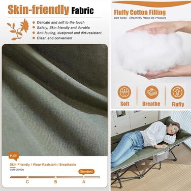 Розкладне ліжко для дорослих HCBUTAЕ 250kg - односпальне, гостьове, туристичне ліжко для відпочинку на природі та вдома (з кишенею, сталевий каркас, Oxford)