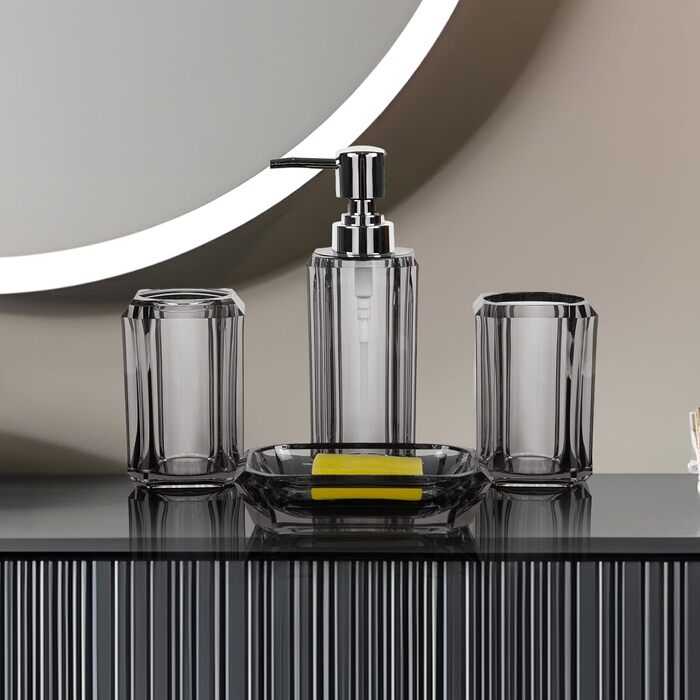 Набір аксесуарів для ванної кімнати з акрилу преміум-класу (4 шт.): дозатор для дезінфектора, диспенсер для лосьйону, мильниця, стакан для ополіскувача, стакан для зубної пасти (щіткова чорна/сіра)