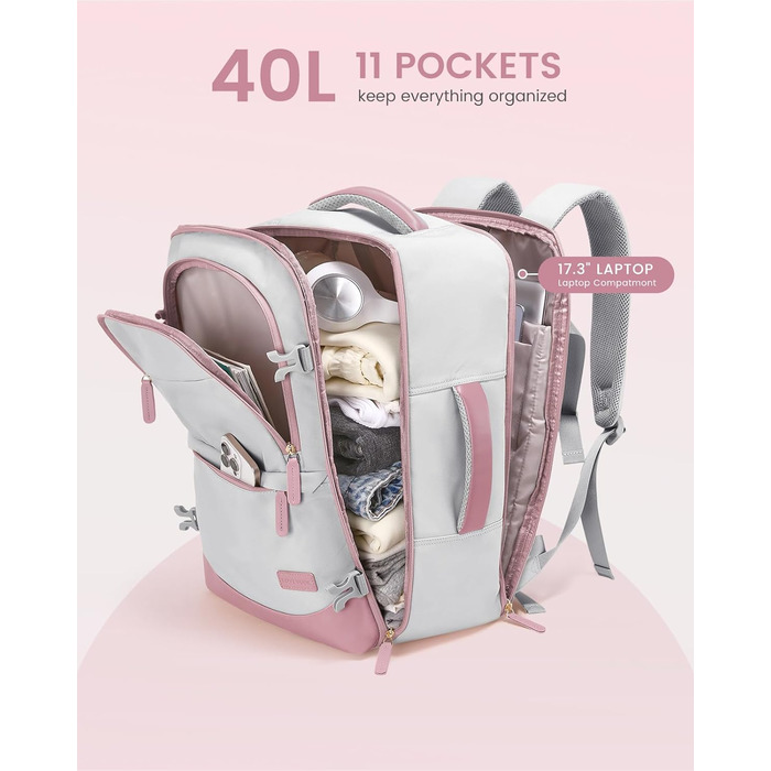 LOVEVOOK Рюкзак для ручної поклажі 40L, сіро-рожевий, для ноутбука 17.3