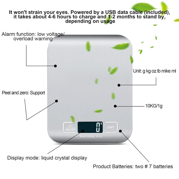 Цифрова кухонна вага, 10 кг/1 г, USB, перезарядна, з LCD дисплеєм та функцією тарування. Професійна кухонна вага, металевий білий колір.