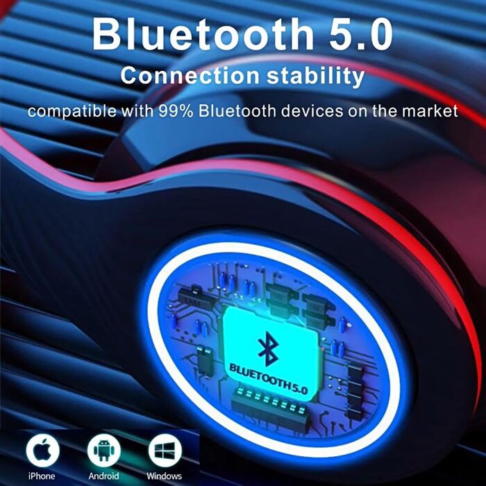 Бездротові навушники Bluetooth з LED-підсвіткою, складані, Bluetooth 5.0, радіус дії 10 м, стерео, мікрофон, зручні амбушюри (чорно-червоні)
