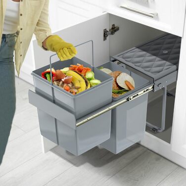 Вбудований контейнер для сміття HENGMEI, сірий, 2x20L (висувний, для кухні)