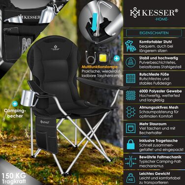 Крісло для кемпінгу KESSER® - складне, до 150 кг, з підлокітниками, високою спинкою, кишенею та тримачем для напоїв, хакі (чорний/чорний)