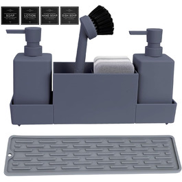 CAUTIOUS 350ml Sink Organizer with Brush, Soap Dispenser Sponge Kitchen Dish Soap Dispenser Set Made of Plastic, Sink Organizer with Two Soap Dispensers, Kitchen Gadget Organizer (gray)
