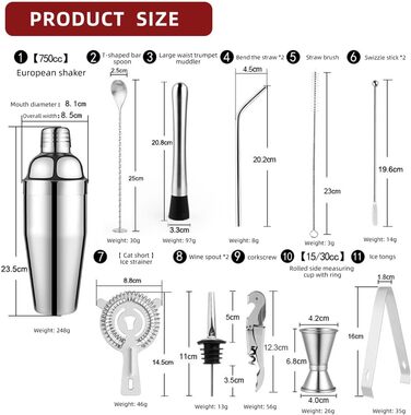 Набір бармена з нержавіючої сталі 14 предметів, 750 мл - професійний, для приготування коктейлів, барний інструмент, подарунок