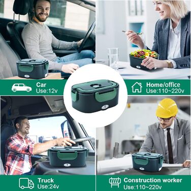 Електрична ланчбокс 4-в-1 12V/24V/220V~240V, 1.5L, 60W, нержавіюча сталь. Ланчбокс для обіду в авто, вантажівці, офісі та вдома. Термоконтейнер з виделкою, ложкою та ізольованою сумкою, темно-зелений