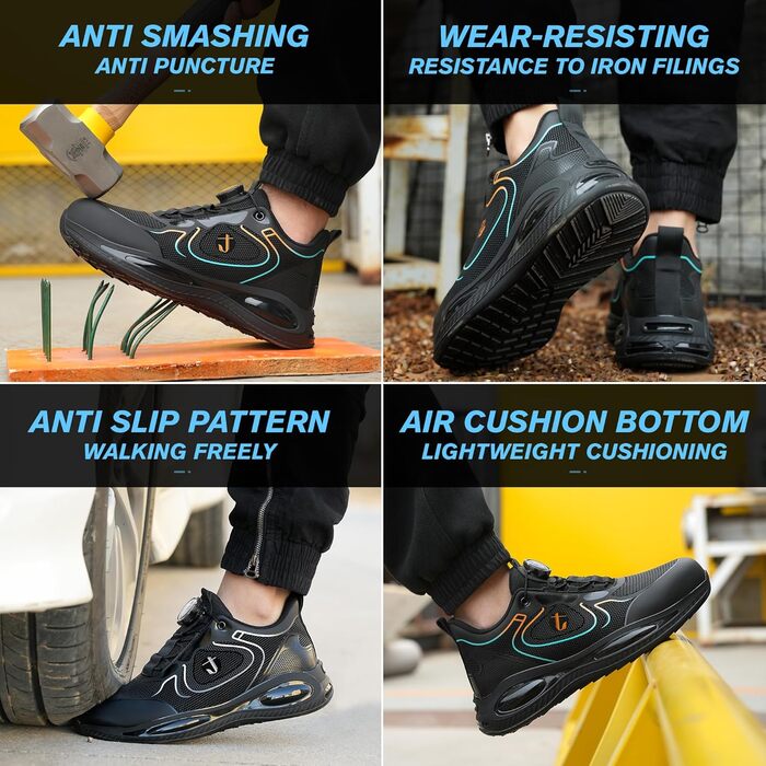 Черевики робочі, захисні: водонепроникні, легкі, спортивні, з металевим носком. Дихаючі, антиковзкі кросівки для чоловіків та жінок (45 EU, Чорний)
