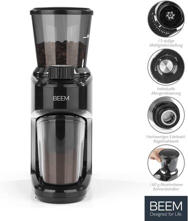 Електрична кавомолка BEEM GRIND-INTENSE 160 г, 15 режимів, конічний сталевий млин, 150 Вт, чорна