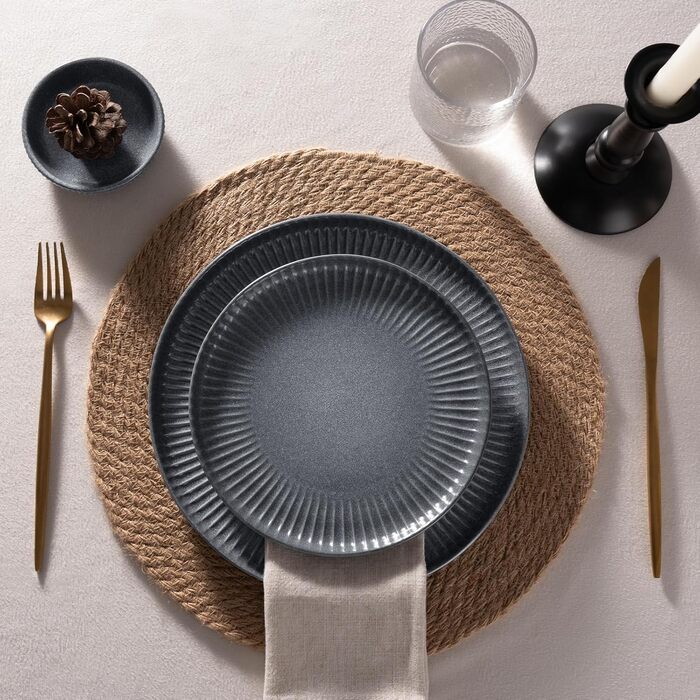 Набір посуду Starlight, 18 предметів: тарілки для 6 осіб, рельєфний, мікрохвильова та посудомийна безпека, анти-подряпини, реактивна глазур, матовий бежево-білий (матовий чорно-сірий)