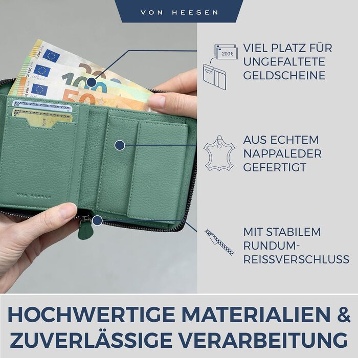VON HEESEN гаманець із натуральної шкіри з RFID-захистом, бірюзовий, для чоловіків та жінок, з монетницею