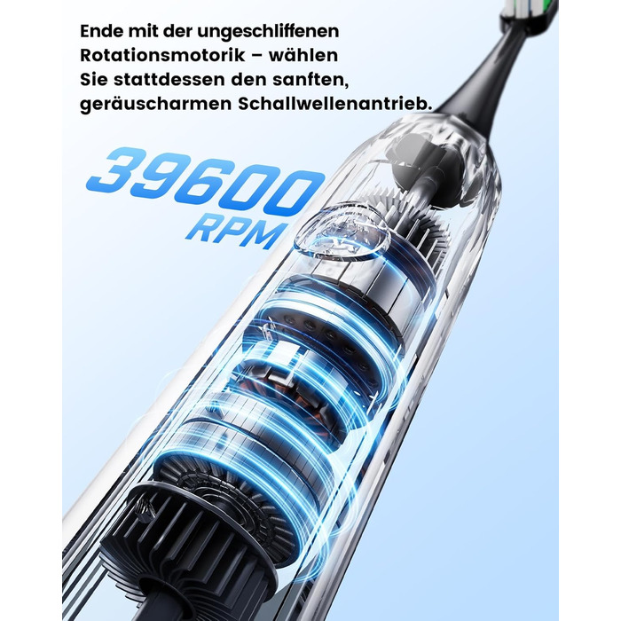 Електрична зубна щітка звукова 5 режимів, таймер 30с, відбілює зуби за 2 тижні, 8 змінних насадок, IPX7, чорний