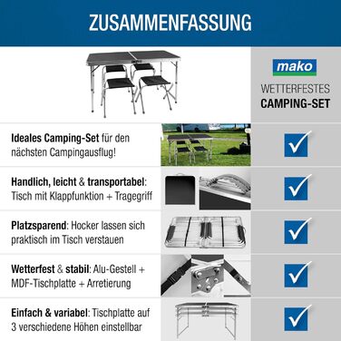 Складаний кемпінговий стіл з алюмінієвою рамою та стільницею МДФ 120x60x70 см + 4 стільці - для пікніка, дачі, відпочинку на природі
