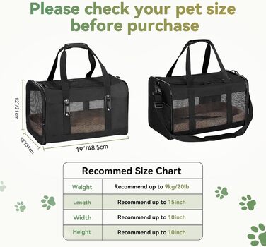 Транспортна переноска для кота та маленького собаки Petsfit, чорна, середнього розміру, з м'яким килимком та патентованими застібками