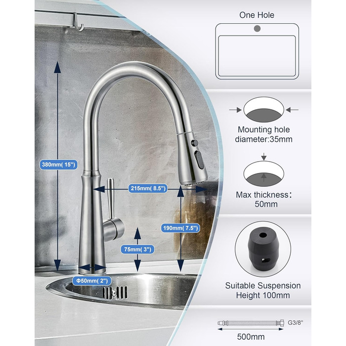 Змішувач кухонний iVIGA висувний з дозатором, водоспад, 360° поворот, 3 режими, щітене нікель