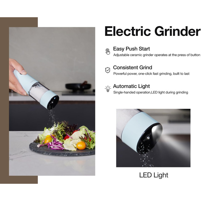 Електричні млини для солі та перцю 2 шт. з USB-зарядкою, 6-ступеневий помел, LED-підсвічування, антиковзне покриття та захист від пилу – кухонні помічники (Morning Haze)