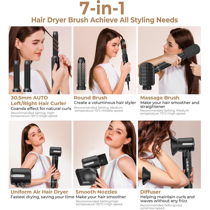 UKLISS Air Styler 7 в 1: Фен-щітка з 7 насадками для сушіння, укладання та об'єму волосся. Іонізація, чорно-срібний