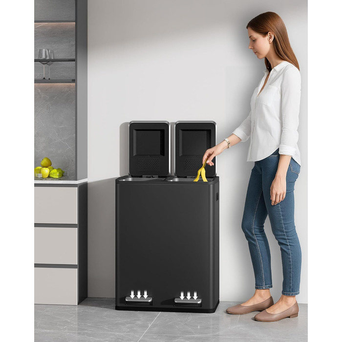 Відро для сміття з сортуванням 60 л, нержавіюча сталь, з педаллю, 2 відділення, SW06099E (Чорний)