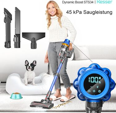 Бездротовий акумуляторний пилосос KESSER® з LED-дисплеєм | Тихий, без мішка, з антинамотувальною щіткою для твердих поверхонь, килимів та шерсті тварин (Синій/Золотий)