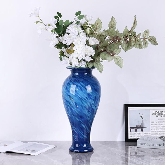 Велика скляна ваза 50,8 см, ручної роботи, для дому та декору, сучасний дизайн (Блакитна)
