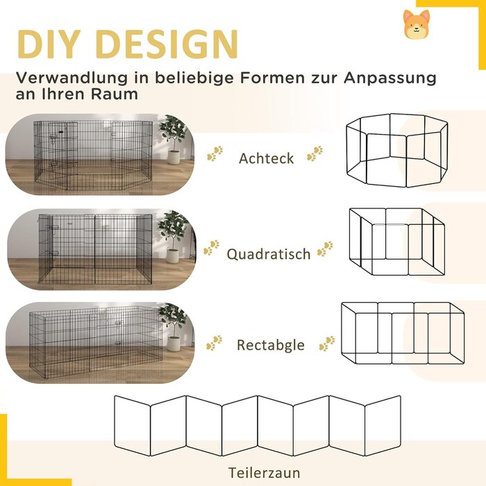 PawHut вольєр для цуценят, 76 см, 8-секційний, з замком, металевий, чорний