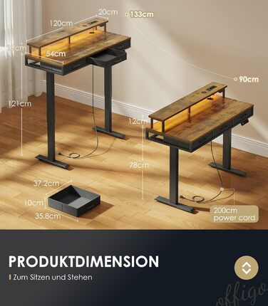 OffiGo Electric Standing Desk with Drawers, 120cm Adjustable Height Desk with Monitor Stand, Gaming Desk with Power Outlets & LED Light Bar, Brown Office Desk - 120 x 54cm