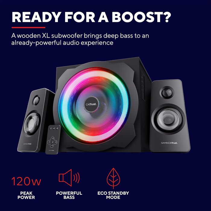 Trust Gaming GXT 38 Акустична система 2.1 з сабвуфером (RGB) - 120 Вт (для смартфона/ПК/планшета, чорний/червоний)