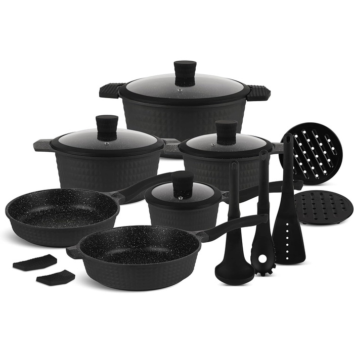 Набір каструль та сковорідок EDENBERG 15 предметів для індукційних плит, з антипригарним покриттям | Набір посуду, каструлі, сковороди для індукції EB-5645