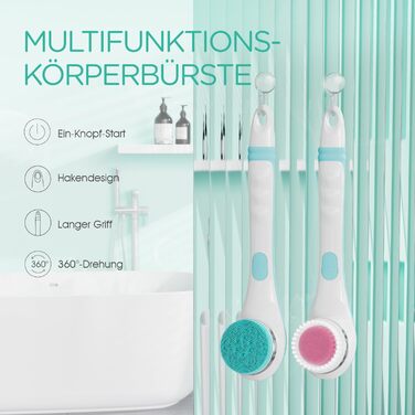 VOYOR Back Brush Shower Brush Body Brush Electric Back Scrubber with Long Handle Waterproof Rechargeable with 4 Cleaning Heads for Spa Shower Exfoliating Massage Brush BC100 (Blue)