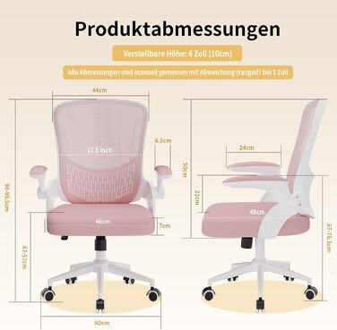 Офісний стіл Naspiro Ergonomischer Bürostuhl з регульованими підлокітниками 90°, підтримкою попереку, дихаючою сіткою та рожевим кольором (без підголівника)