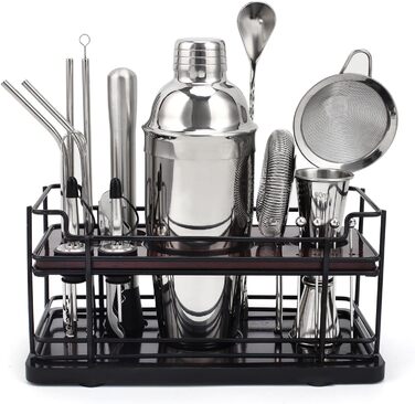 Набір для коктейлів Boston Cocktail Shaker Set 20 предметів з підставкою, 825 мл, нержавіюча сталь, для дому, професійний, з аксесуарами та рецептами, ідеальний подарунковий набір (сріблястий)