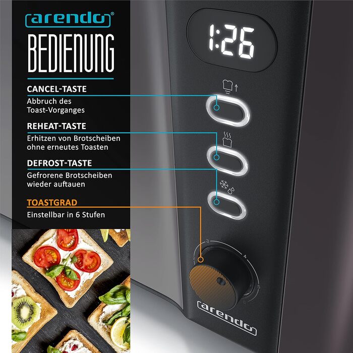 Arendo - 2-Slice Long Slot Toaster - Defrost Function - 1000W - Double-Walled Housing - Integrated Bun Tray - Browning Levels 1-6 - Display with Remaining Time Display D: Silvergrey