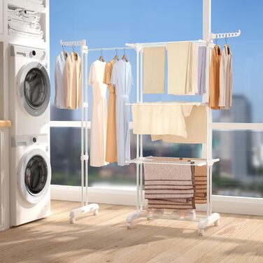 Сушарка для білизни Oak & Tea Turm, 83-200 см, з висувними крилами, XXL, 4 яруси, з колесами, для дому та вулиці, біла