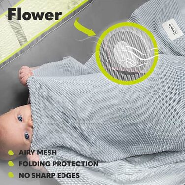 Lionelo Flower 4in1 Travel Cot Baby, Playard Baby with Side Entrance, Changing Table, Two Mattress Suspension Heights, Toy Arch with Figures, Wheels, Carry Bag 1 Piece (1 Pack) Turquoise