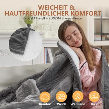 Електрична ковдра JUMMICO Kuschel-Heizdecke 180x130 см, тепла та м'яка - 6 режимів нагріву, таймер 12 годин, пральна, для дивана, ліжка, офісу, сіра