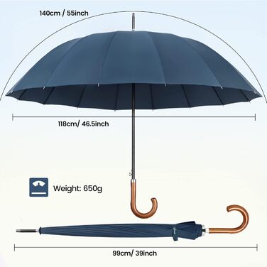 NINEMAX Large Windproof Umbrella - Wooden Handle Walking Umbrella for Men & Women - 16 Ribs Automatic Open - 2 Person Capacity (Navy Blue)