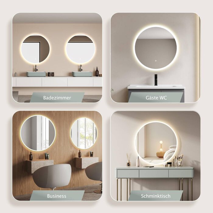 Круглий настінний дзеркало HOKO 60см з LED підсвічуванням, сенсорне управління, пам'ять, регулювання світла 2700-6500K (тепле/холодне/нейтральне), 60x60 см, срібло