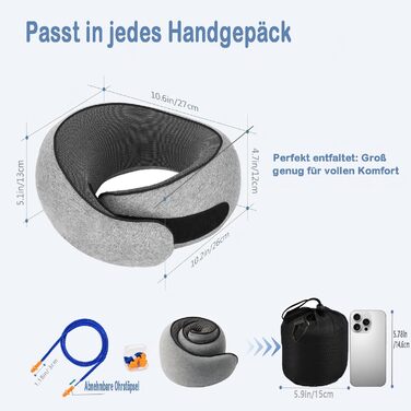 Подушка для шиї з регульованою капюшоном та 360° підтримкою шиї | Ергономічна подушка з піною з пам'яті для подорожей (літак, авто) | З чохлом для подорожей та берушами | Дихаюча та пральна (світло-сіра)