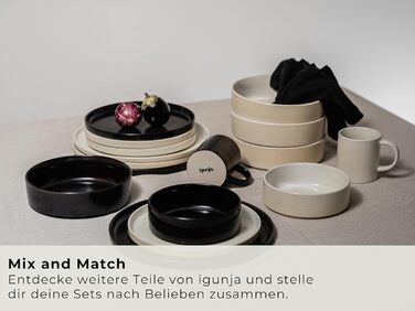 Igunga Stoneware Dinnerware Set - 12 Piece Service for 4 | Reactive Glaze, Matte Black & Glossy Interior Bowls | Premium Handcrafted Tableware