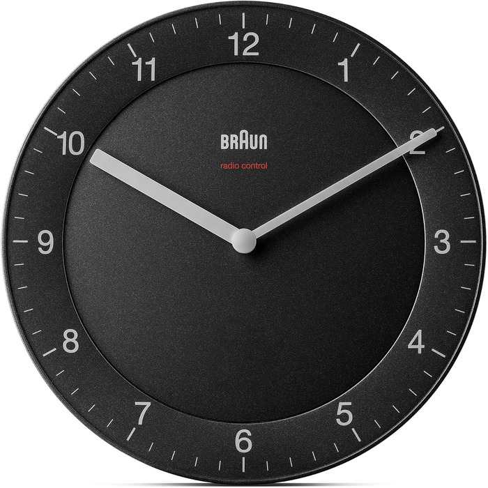 Braun Classic Radio Wall Clock, Central European Time Zone (CET/GMT+1) with a quiet movement, easily readable dial with a 20 cm diameter in black, model BC06B-DCF.