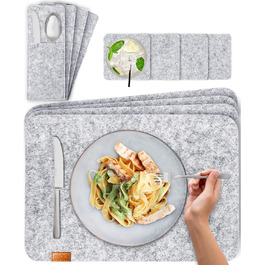 Felt Table Placemats - Set of 24 Table Coasters - Washable Felt Placemats - 8 Place Mats, Glass Coasters, Cutlery Pockets | Light Grey | Square Felt Coasters - Place Mats for Christmas
