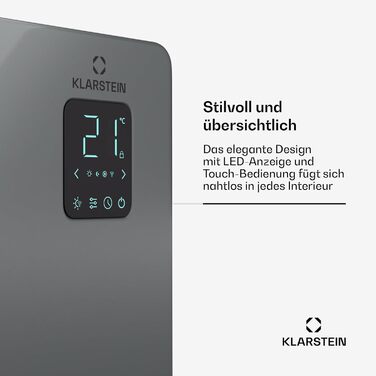 Klarstein Bansin Crystal Smart конвекторний обігрівач – 1500 Вт, настінний/вільний, LED-дисплей, керування через додаток, енергоефективний, захист від перегріву та замерзання, блокування від дітей, ідеально для вітальні