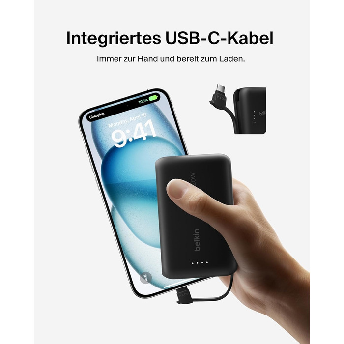 Повербанк Belkin BoostCharge 10000mAh 20W з вбудованим кабелем USB-C, LED-індикатором, чорний