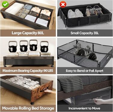 Комод під ліжко на колесах, 2 шт, дерев'яні контейнери для зберігання, великий розмір, органайзер під ліжко, ящики з прозорою кришкою, міцний для одягу, Коричневий горіх